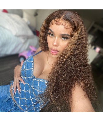 Perruque Kinky Curly Chatain Méché Blond Sans Colle avec Dentelle Pré-Coupée vous aussi creer 