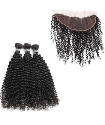 3 Paquets de Tissage + Lace Frontal Kinky Curly 13x4 JUSQU'A -70%! 